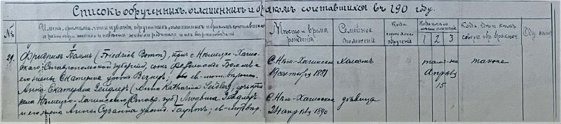 Eintrag im Kichenbuch von Kronental über die Trauung von Friedrich Bomm und Anna-Katharina Seidler am 15. April 1907